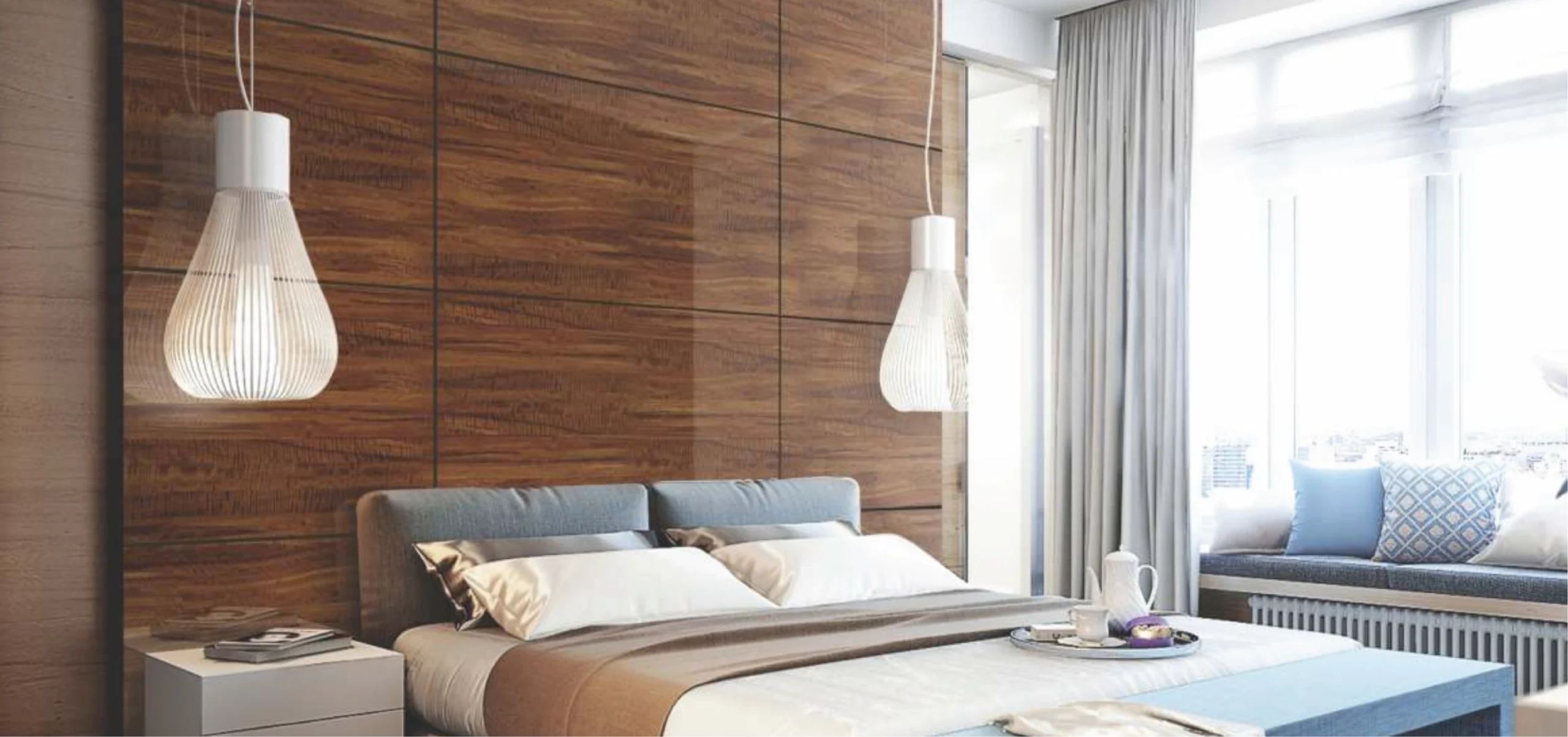 A sophisticated bedroom featuring a wall behind the bed adorned with elegant brown PVC laminate in a gloss finish, creating a warm and stylish focal point.