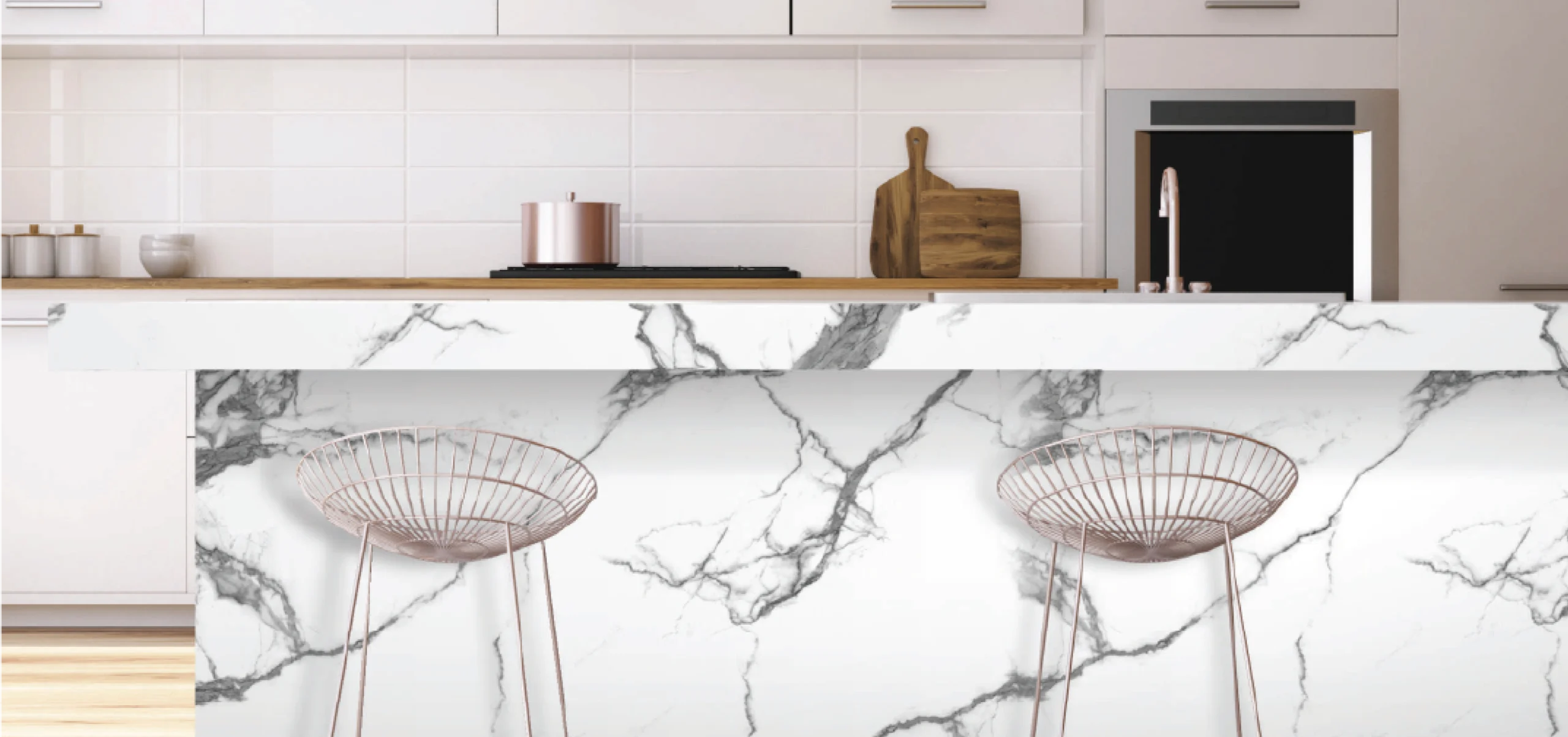 White tile backsplash acrylic wall panels installed in a contemporary kitchen with a marble-patterned island and minimalist decor.