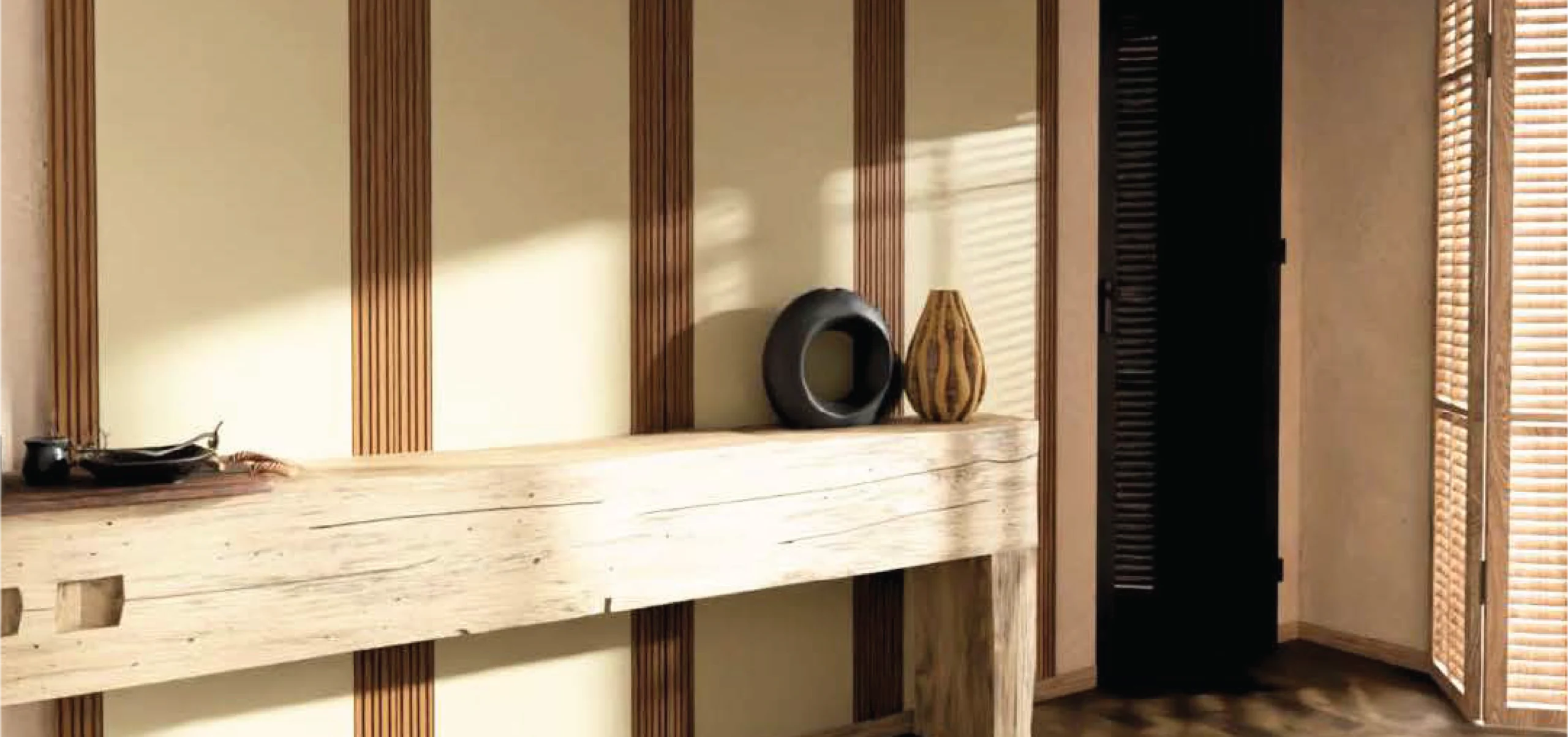 Handcrafted light beige wall panels featuring vertical wooden accents from the Paired Camel Arc Series, perfect for modern, minimalist interiors.