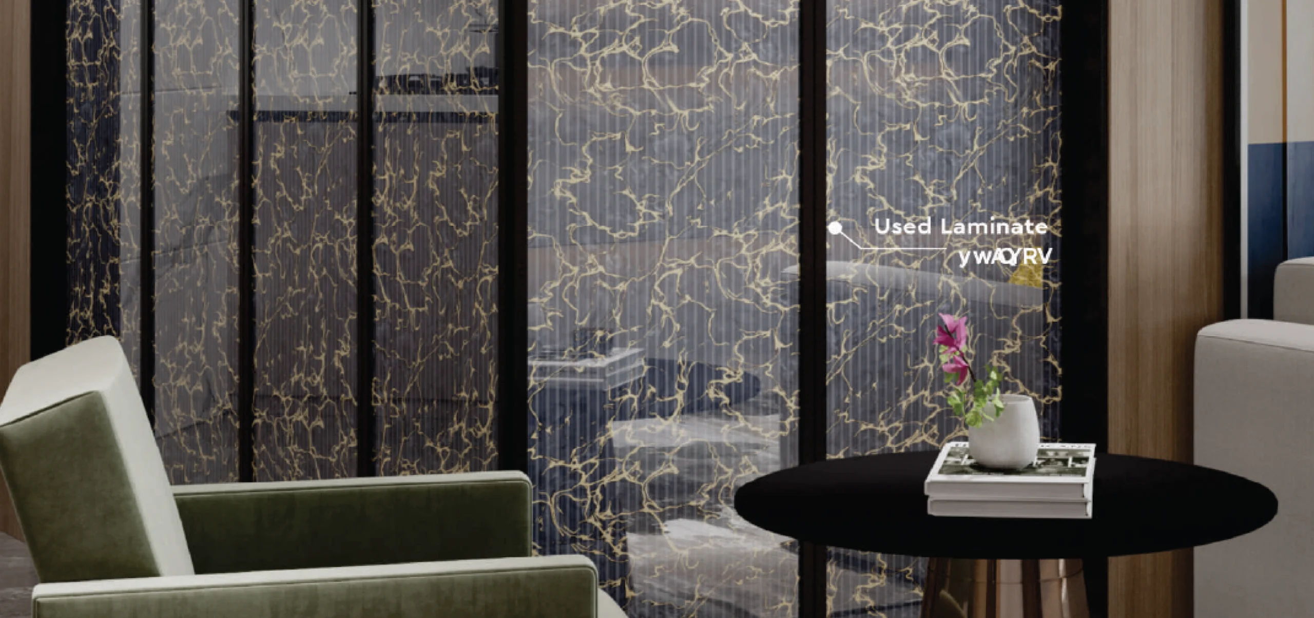 Dark laminate acrylic wall panels with a gold-patterned design used as an elegant room divider in a modern living space.