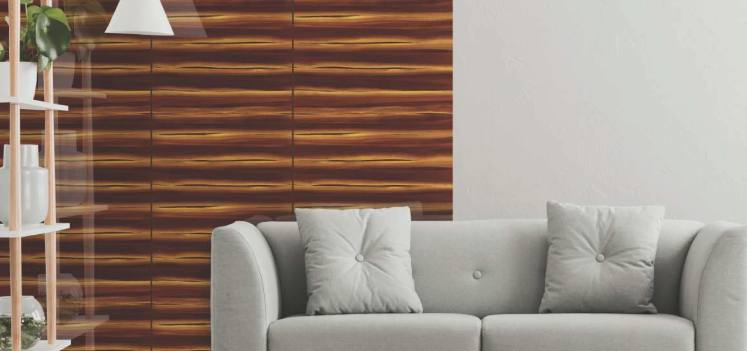 A stylish living room featuring a wall covered with elegant brown PVC laminate in a gloss finish, adding warmth and sophistication to the space.