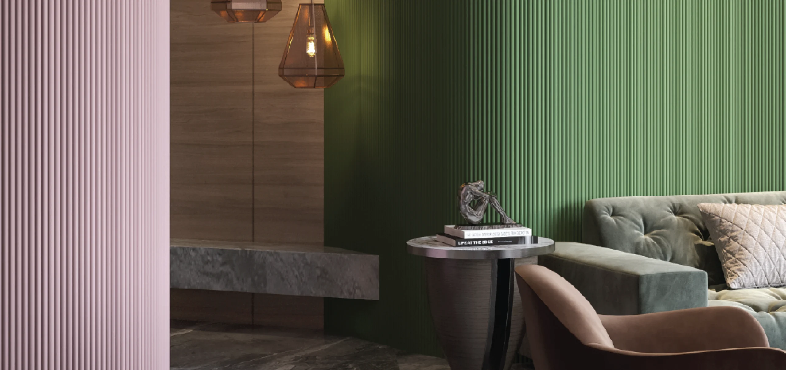 Modern green and pink louvers adorning a sophisticated living space with hanging pendant lights.