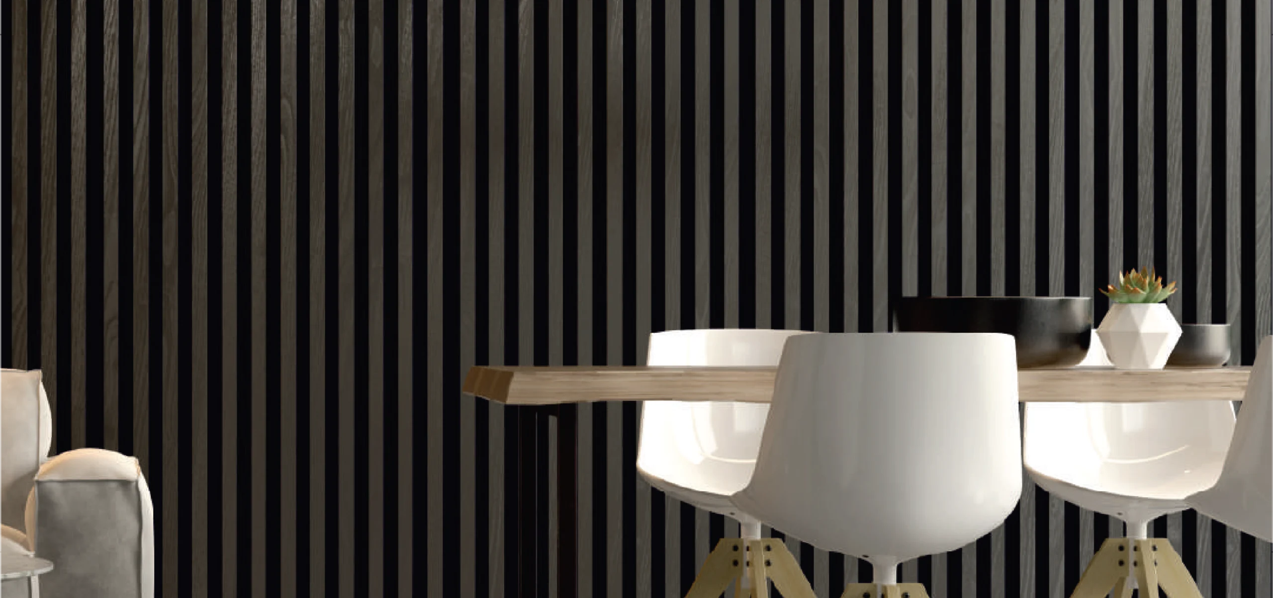 Sleek darker brown louvers in a modern dining room with minimalist white chairs and a wooden table.