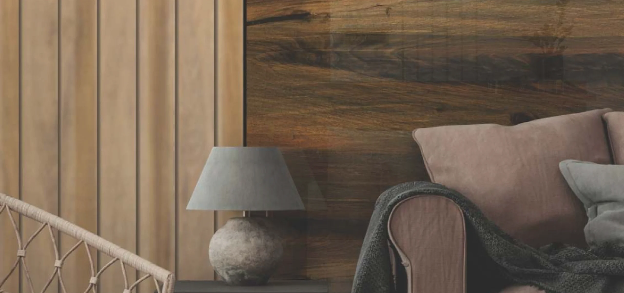 Brown PVC laminate with a high gloss finish and rich wood grain texture on a wall