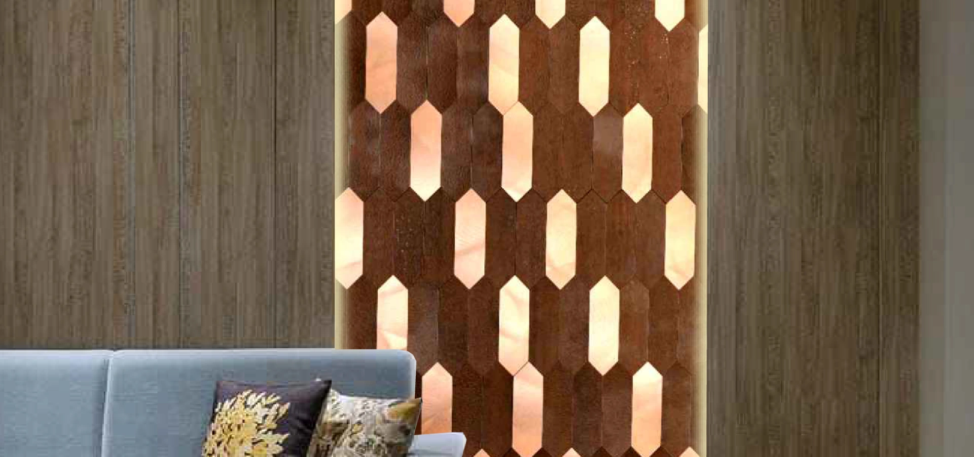 A decorative wall panel featuring illuminated geometric wooden mosaic tiles with warm lighting, framed by a wood-textured wall.