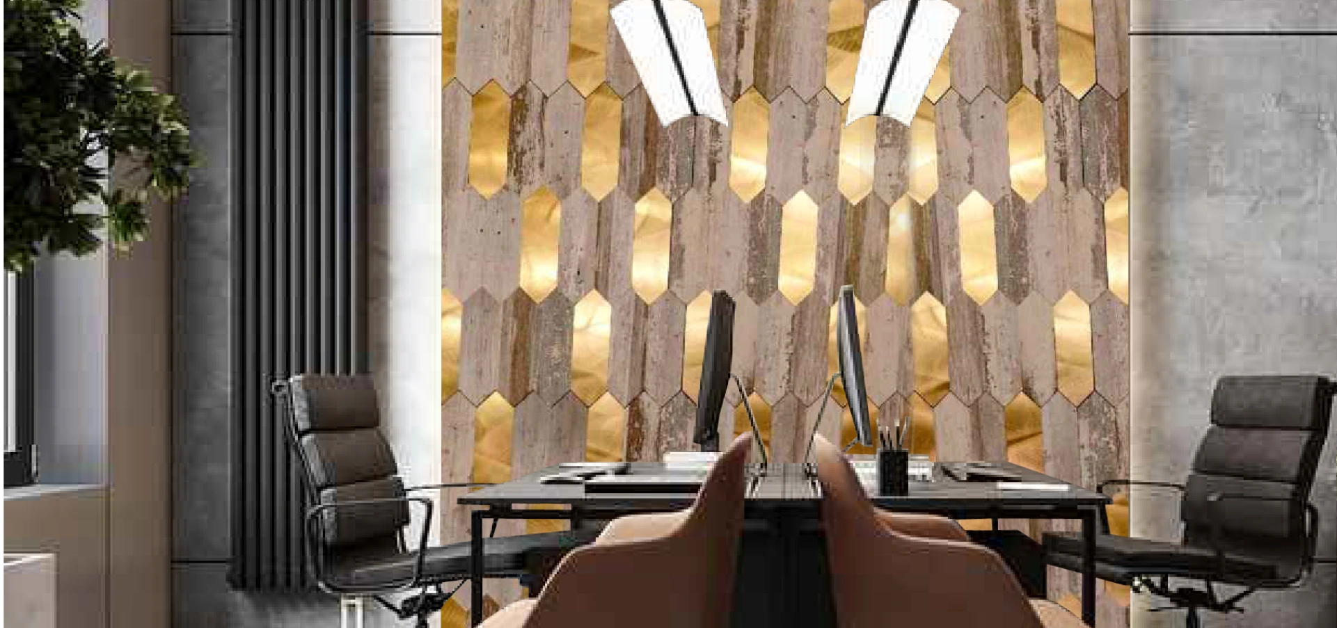 Office interior with a decorative wall featuring geometric mosaic tiles with a rustic texture and golden illumination, creating a luxurious ambiance.