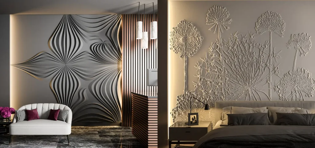 Modern 3D MDF wall panels featuring intricate designs: a wavy geometric pattern in black and a botanical relief design with floral motifs, both illuminated by soft lighting.