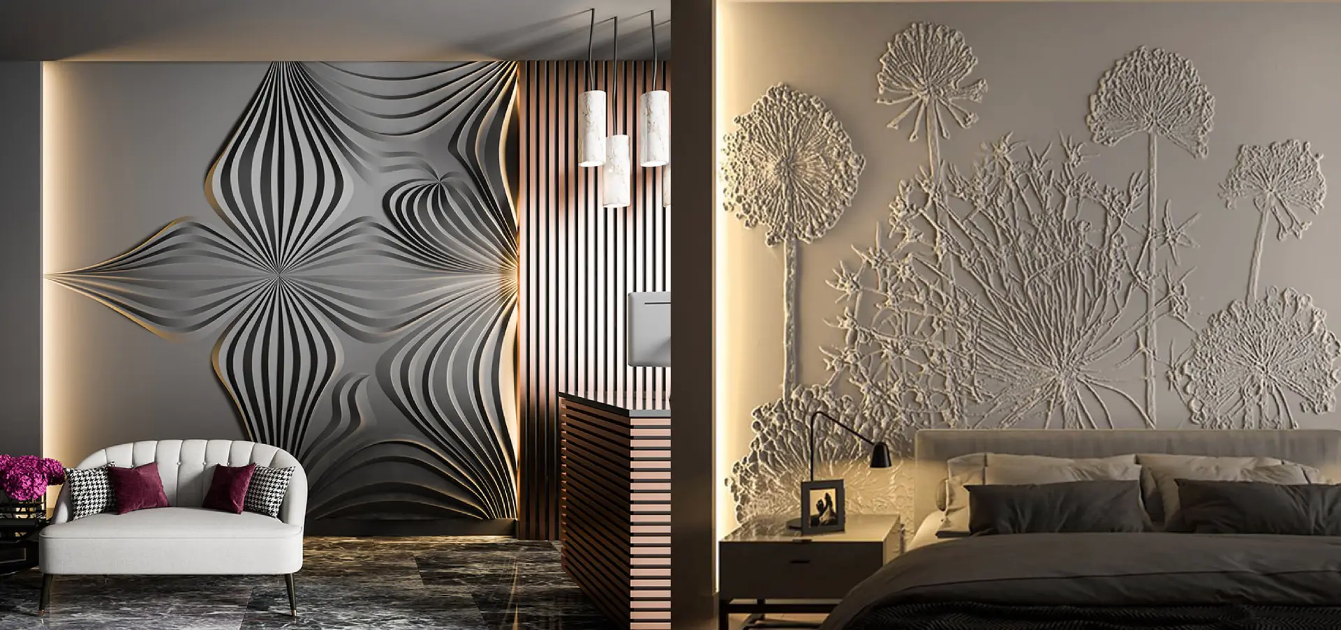 Modern 3D MDF wall panels featuring intricate designs: a wavy geometric pattern in black and a botanical relief design with floral motifs, both illuminated by soft lighting.