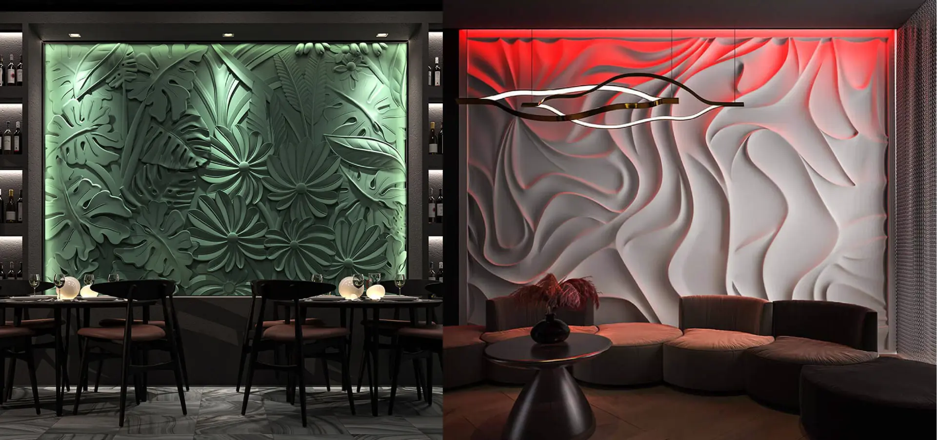 Luxurious 3D MDF wall panels: a tropical leaf design in green behind a dining setup, and an abstract wave pattern with red lighting in a cozy lounge area.