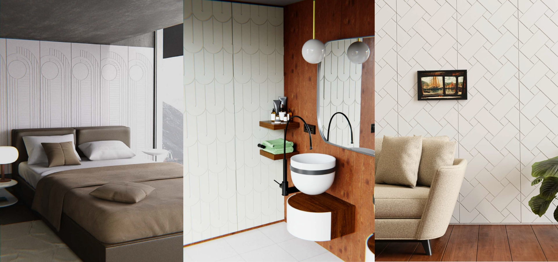A collage of three interior spaces: a modern bedroom with a textured white accent wall and neutral bedding, a contemporary bathroom with a scalloped wall design and wooden elements, and a cozy living area featuring a white herringbone-patterned wall and beige furniture.