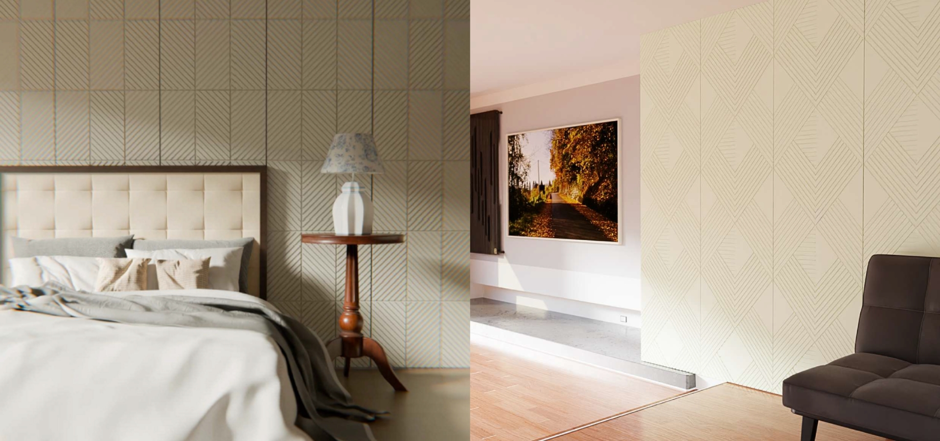 A split view of two interior designs: a serene bedroom with a tufted headboard and patterned accent wall, and a modern living space with chevron-patterned wall panels and a dark chair.
