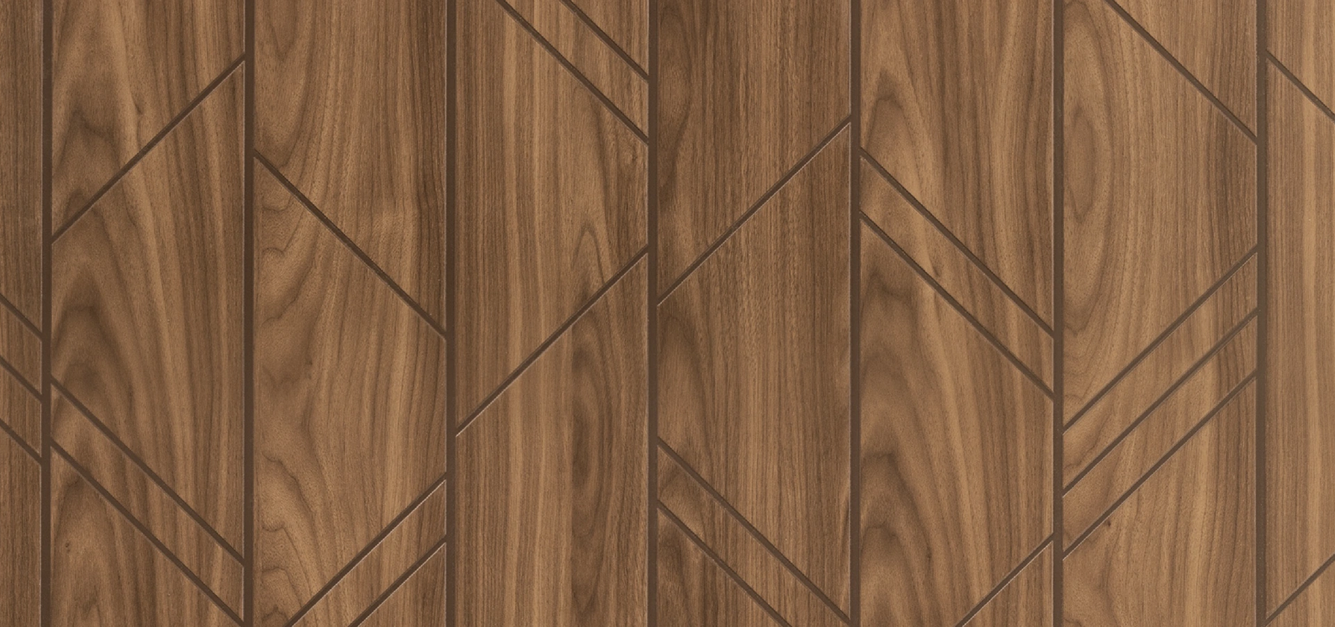 Wooden panel with a geometric design, featuring diagonal and vertical lines creating a modern pattern on a warm brown wood surface.