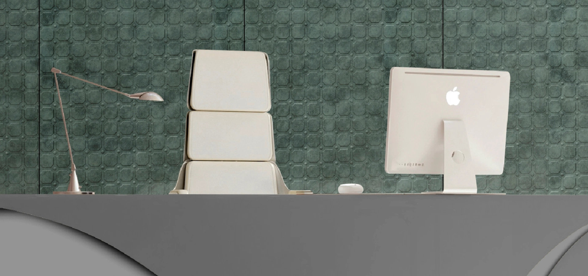 Executive office Grace Panel with geometric design installed behind a sleek office desk.