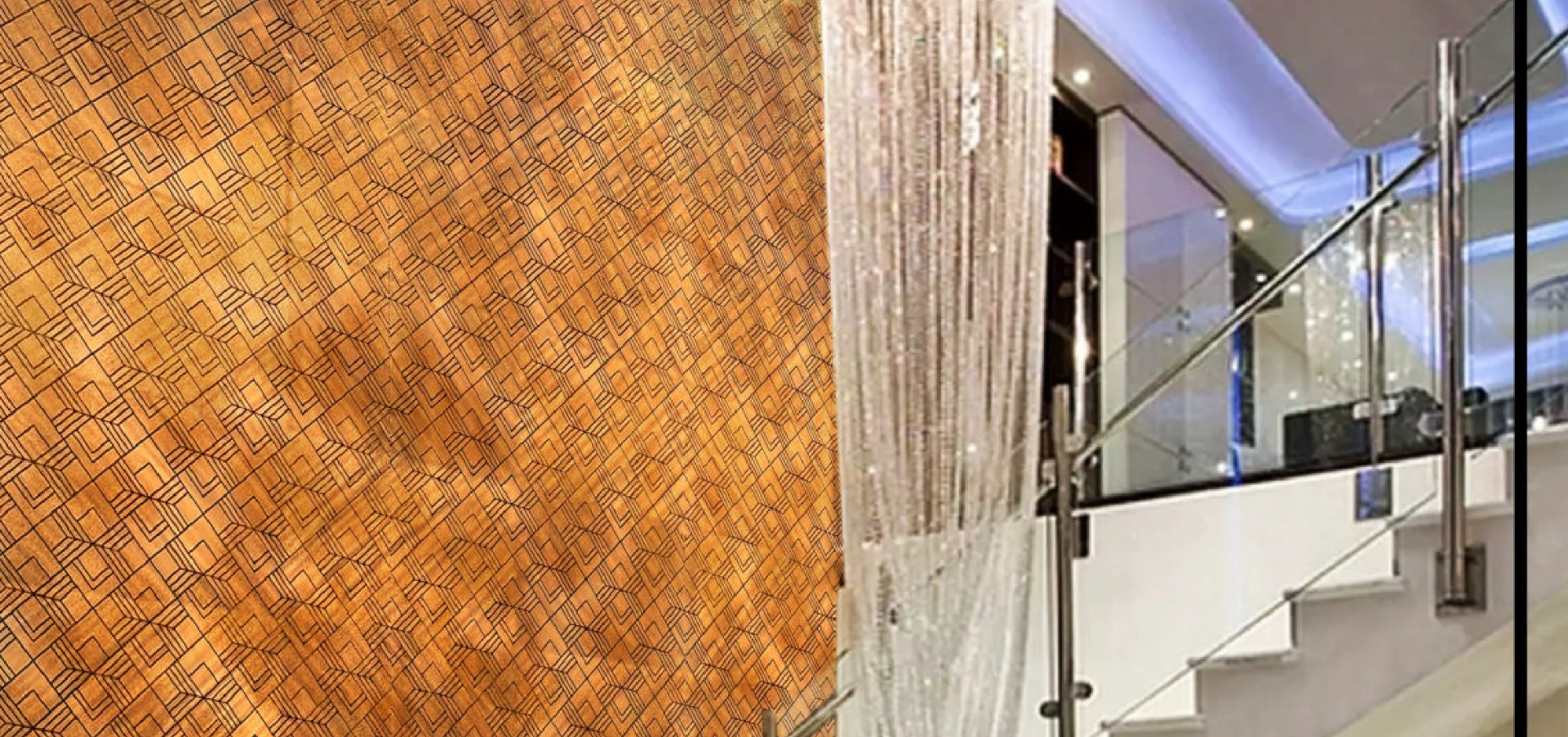 Copper-orange liquid metal wall panel with a matte finish, showcasing an intricate geometric pattern, ideal for enhancing luxurious and modern interiors.