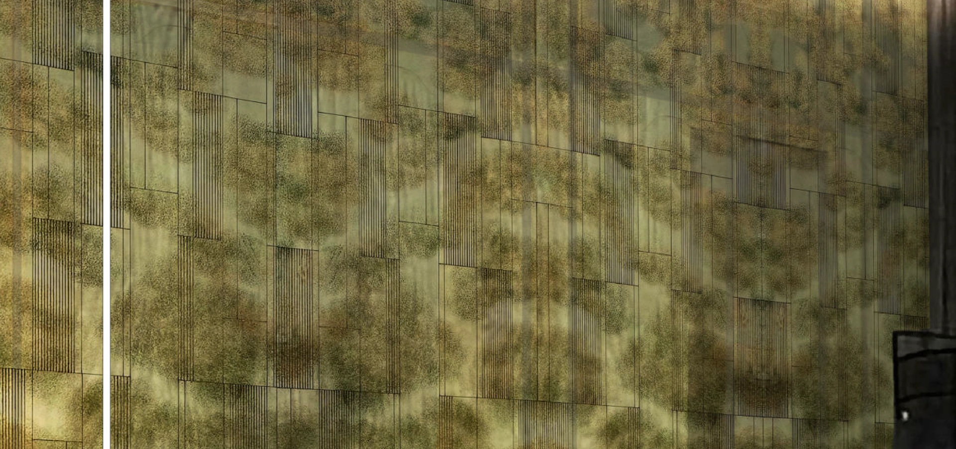 Muted gold liquid metal wall panel with geometric arch design on engineered wood, featuring a matte finish and liquid metal coating for a luxurious, modern look.