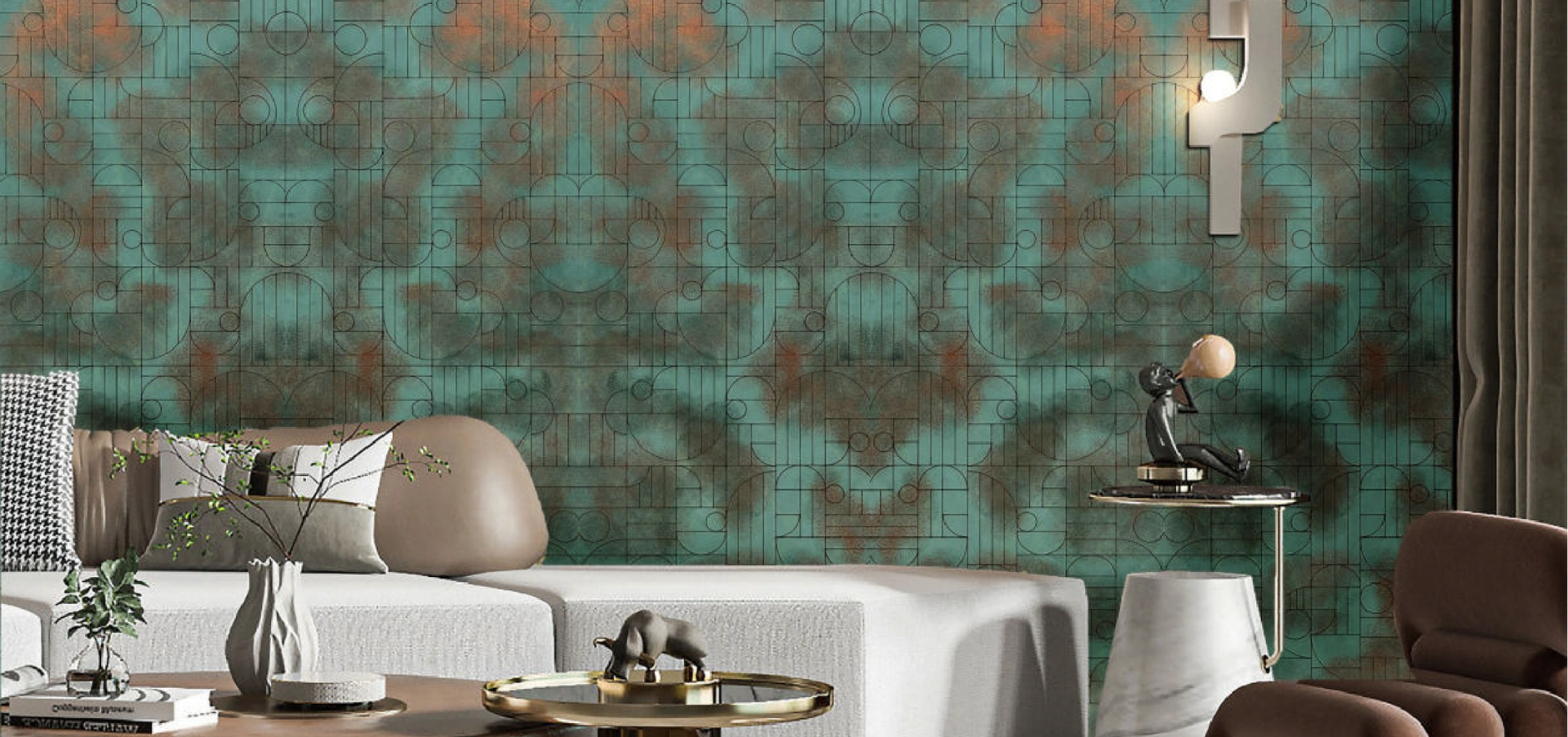 Turquoise liquid metal wall panel with matte finish, featuring a geometric design and copper accents—perfect for adding a modern, artistic touch to contemporary interiors.