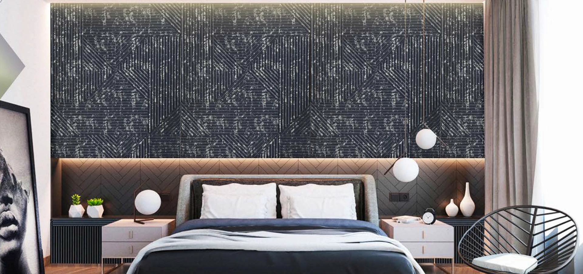 A sophisticated bedroom showcases a striking black textured wall behind a chic grey bed, complemented by minimalist furniture and stylish decor.