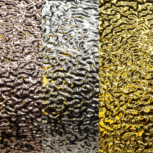 Three reflective art panels with textured surfaces in bronze, silver, and gold tones, showcasing a ripple-like pattern that creates a metallic, light-reflecting effect.