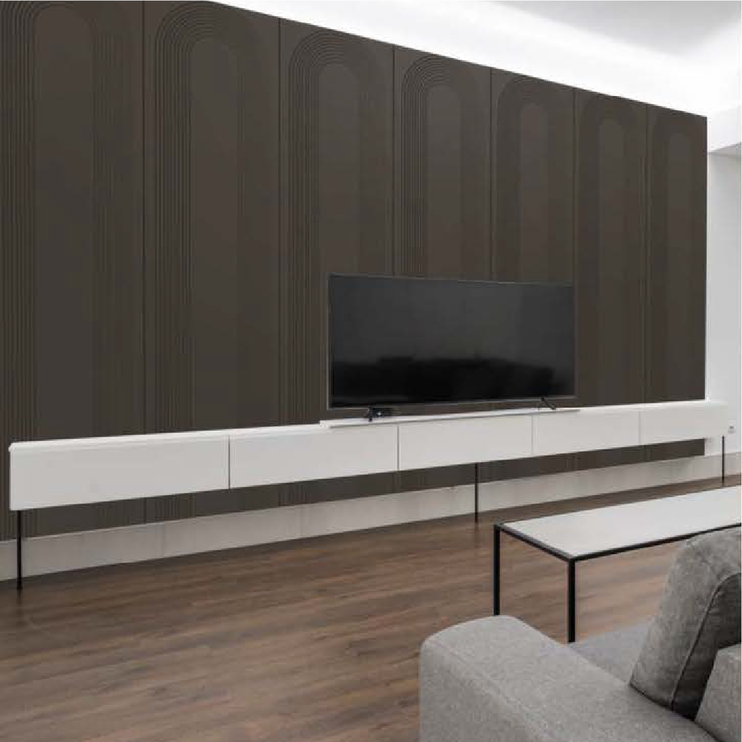 Brown shade wall panels from the Rainbow Series with subtle line patterns, adding warmth and sophistication to the room.