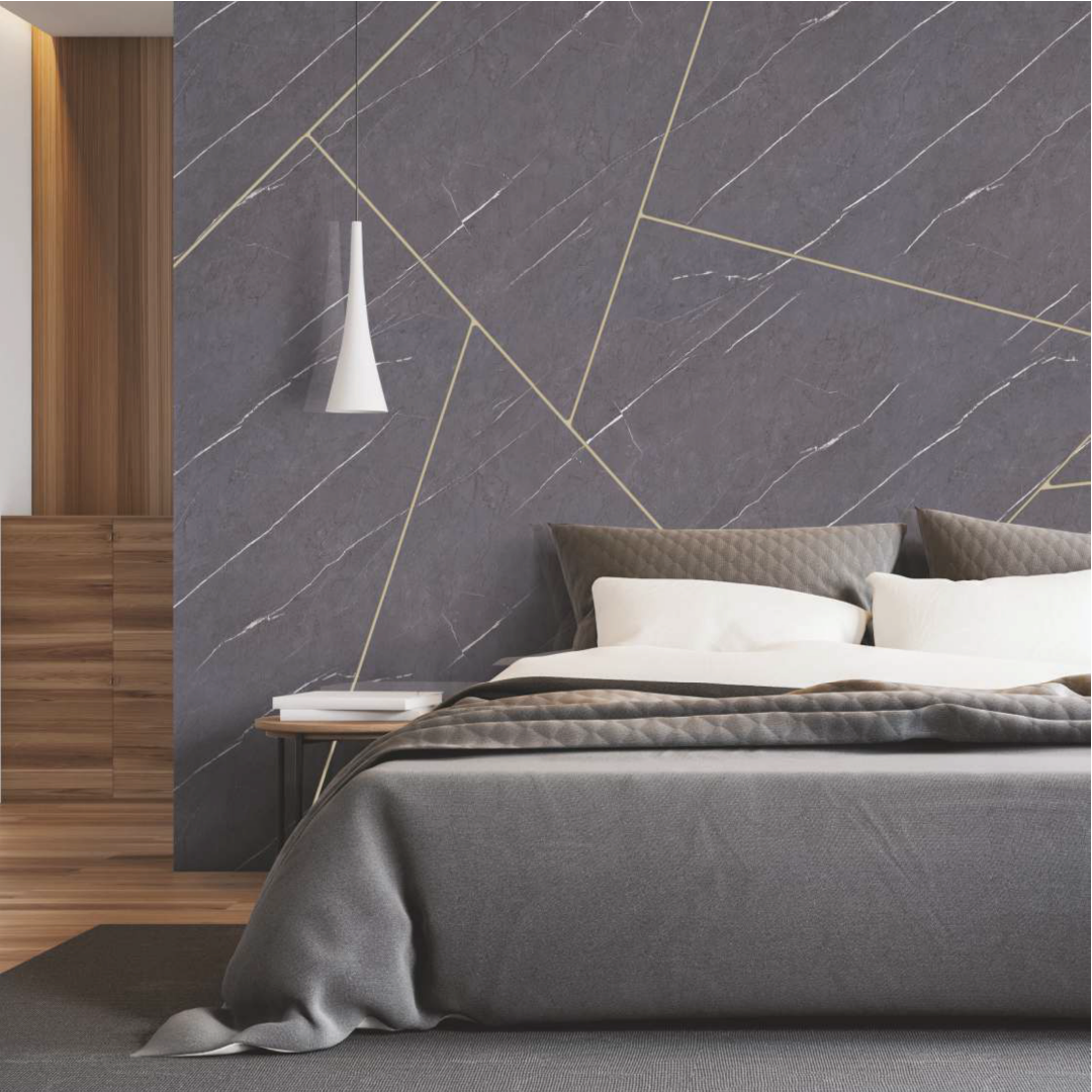 Elegant bedroom with charcoal grey textured laminate featuring a marble finish on the feature wall.