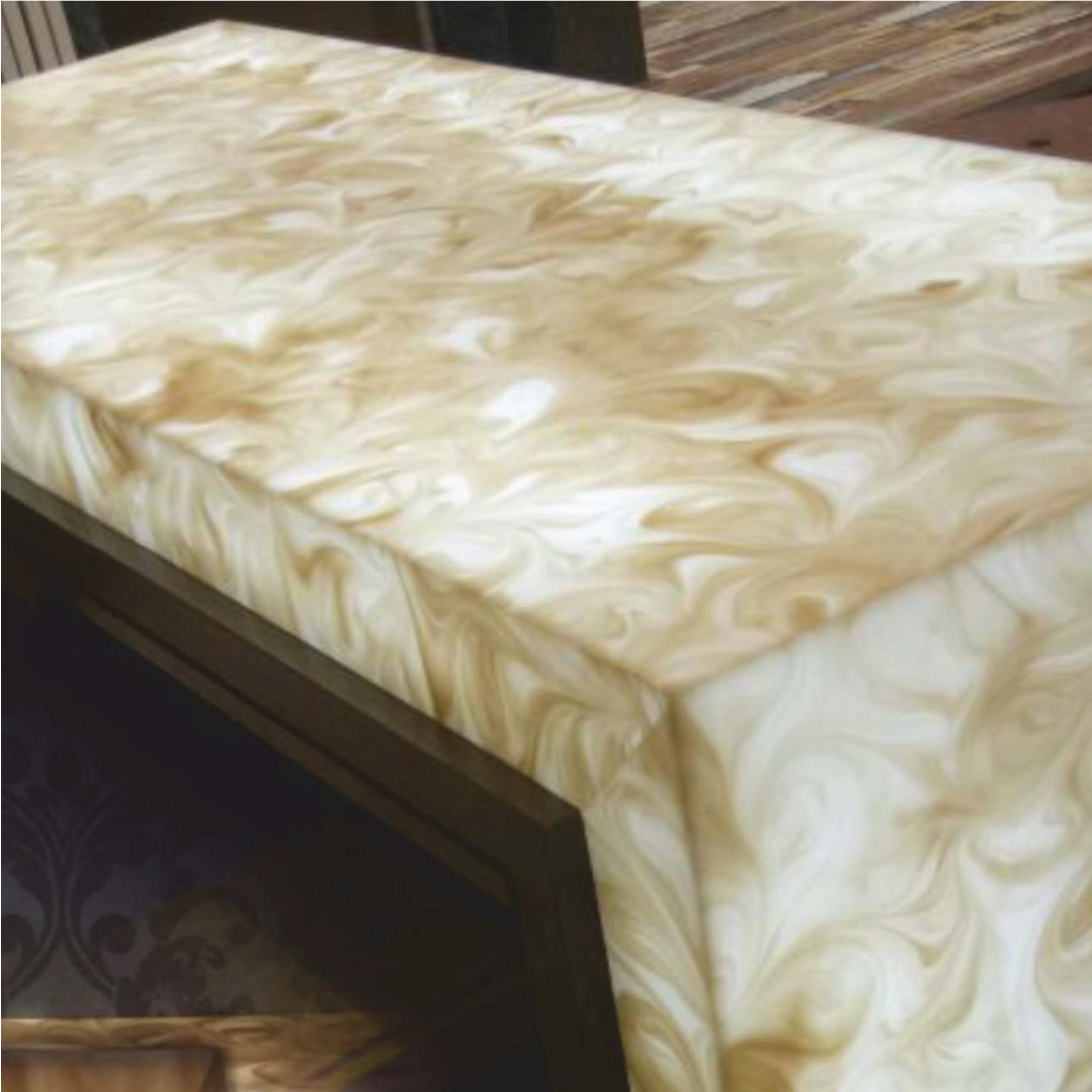 Luxurious countertop made of cream swirl alabaster onyx, showcasing a smooth and elegant texture.