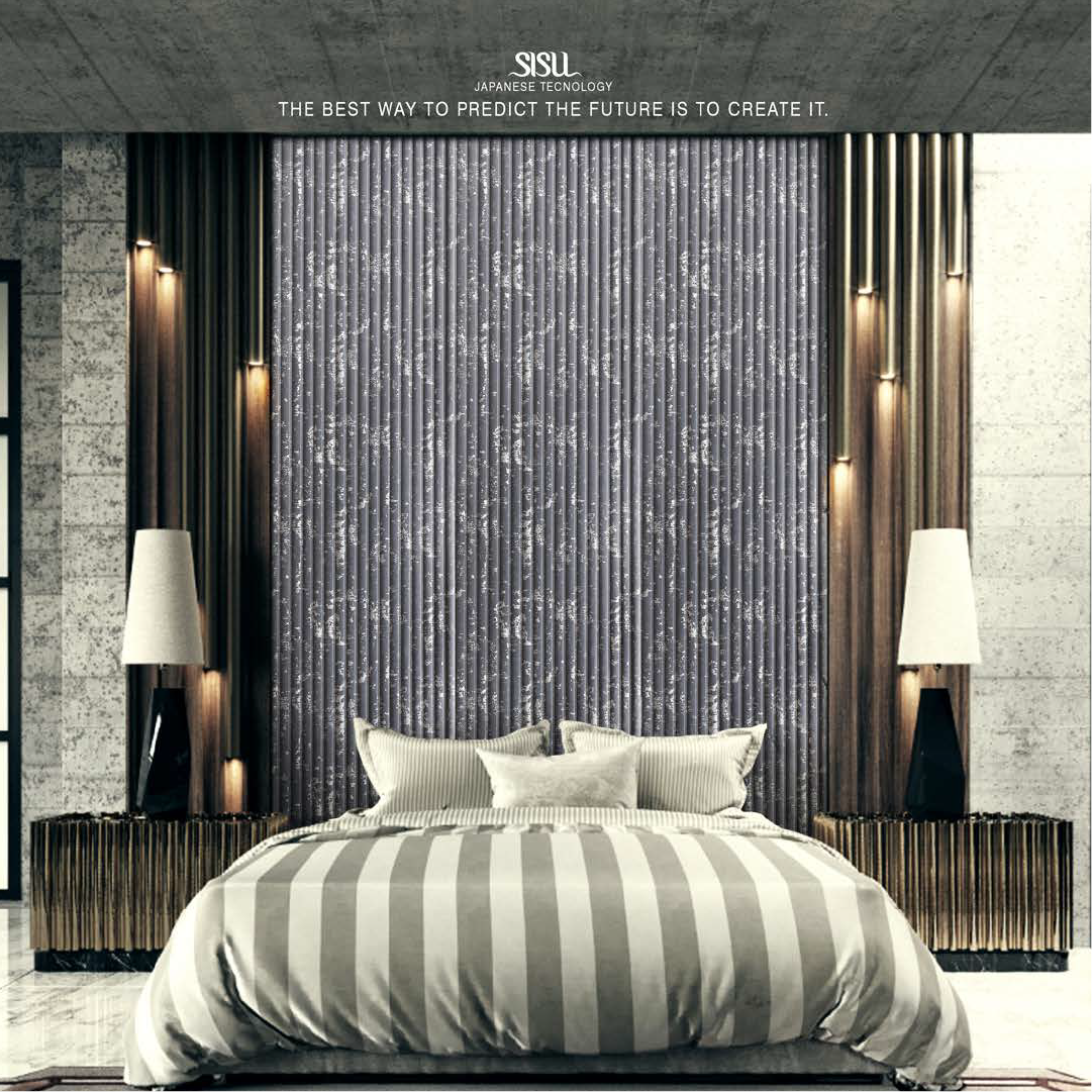 Luxurious dark grey fabric wall panels used as a headboard backdrop in a modern bedroom with minimalist decor and striped bedding.