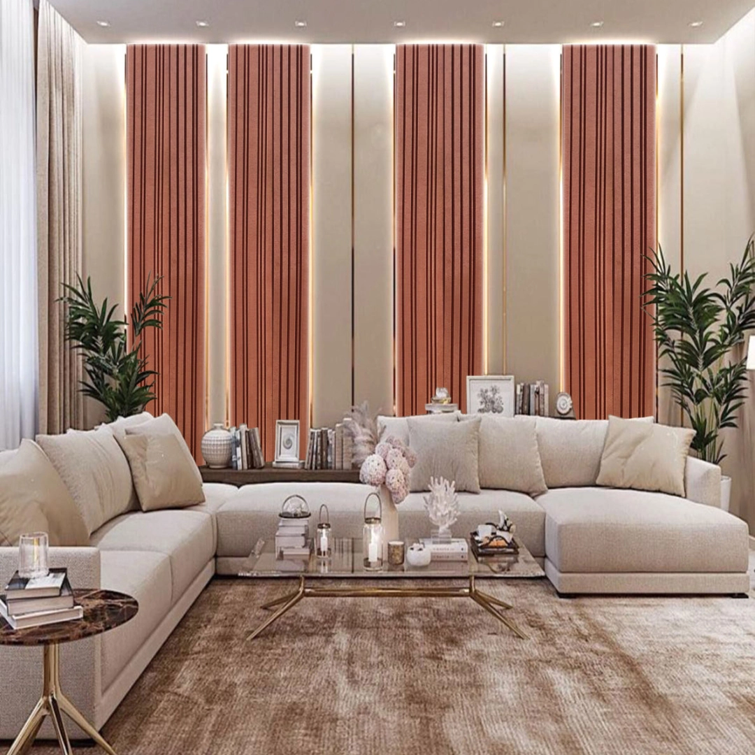 Fluted MDF & HDF panel in brick orange color used in a luxurious living room interior