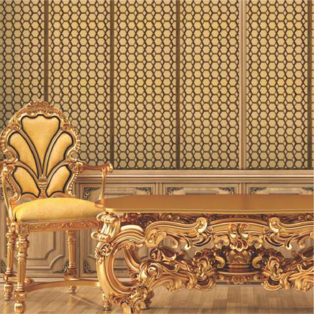 Golden beige fabric colored 3D backlit wall panel featuring an intricate, ornate pattern, perfect for luxurious and classical interiors.