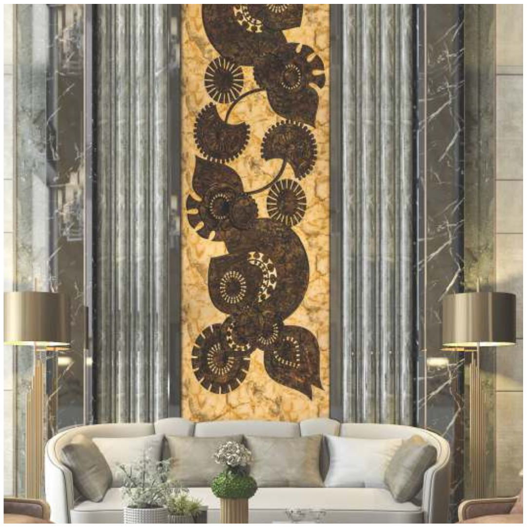 Golden beige marble-colored 3D backlit wall panel featuring an intricate design, perfect for luxurious interior settings.