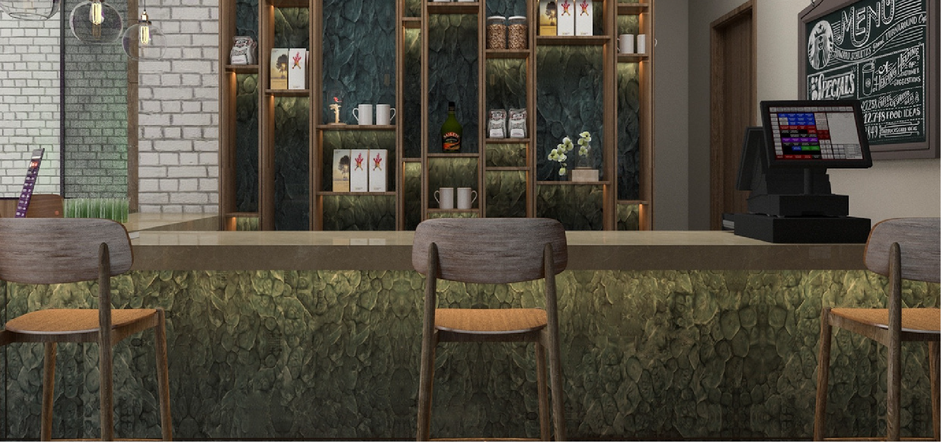 A stylish cafe interior showcases a vibrant forest green wall with a textured charcoal panel, creating a rich, inviting ambiance.