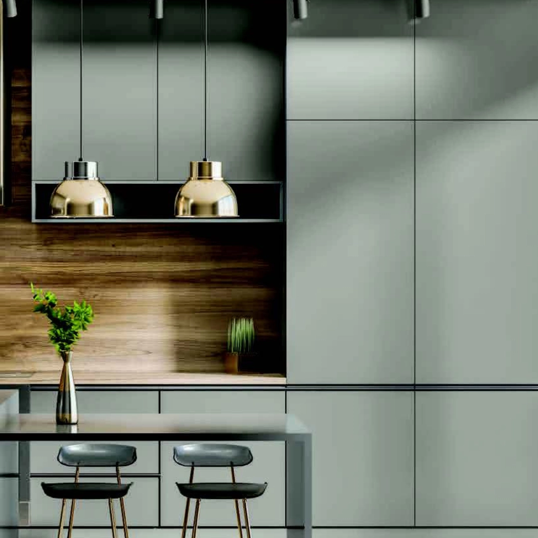 Grey PVC laminates with a smooth, matte finish in a modern kitchen setting