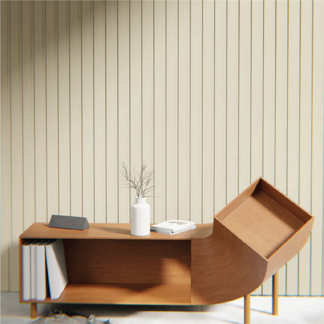 Handcrafted cream-colored louvers with an integrated sleek wooden shelf featuring modern design elements.