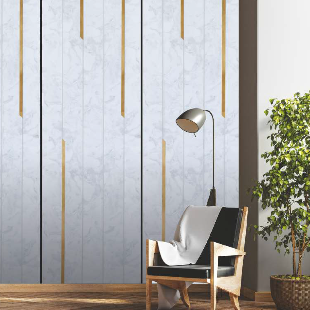 Light gray-colored charcoal wall panel 8x2 with elegant gold accents, ideal for creating a modern and luxurious interior aesthetic.