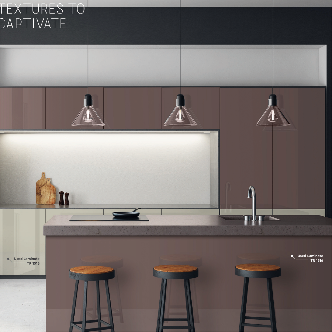 Brown Colour acrylic wall panels used in a modern kitchen setting with pendant lighting, wooden bar stools, and minimalistic cabinetry.