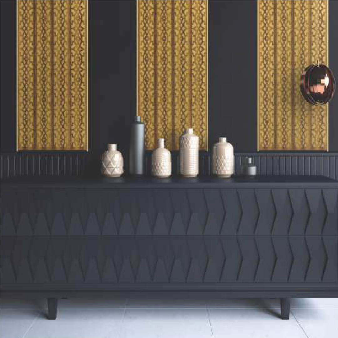 Matte black-colored 3D metalic backlit wall panel featuring a geometric pattern, perfect for adding modern sophistication to any space.