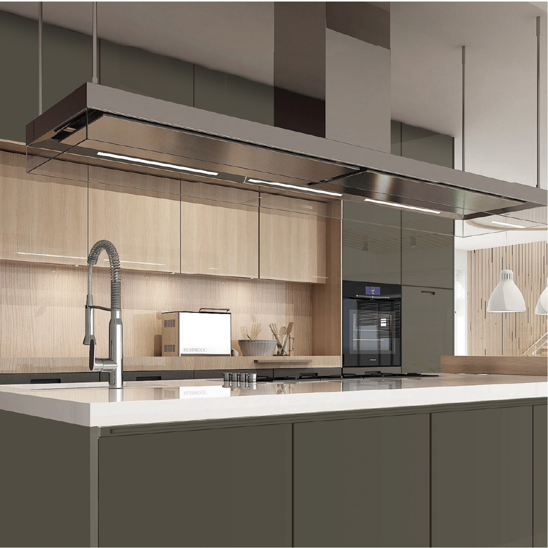 Olive green acrylic wall panels in a modern kitchen with sleek countertops, stainless steel appliances, and wooden cabinetry.