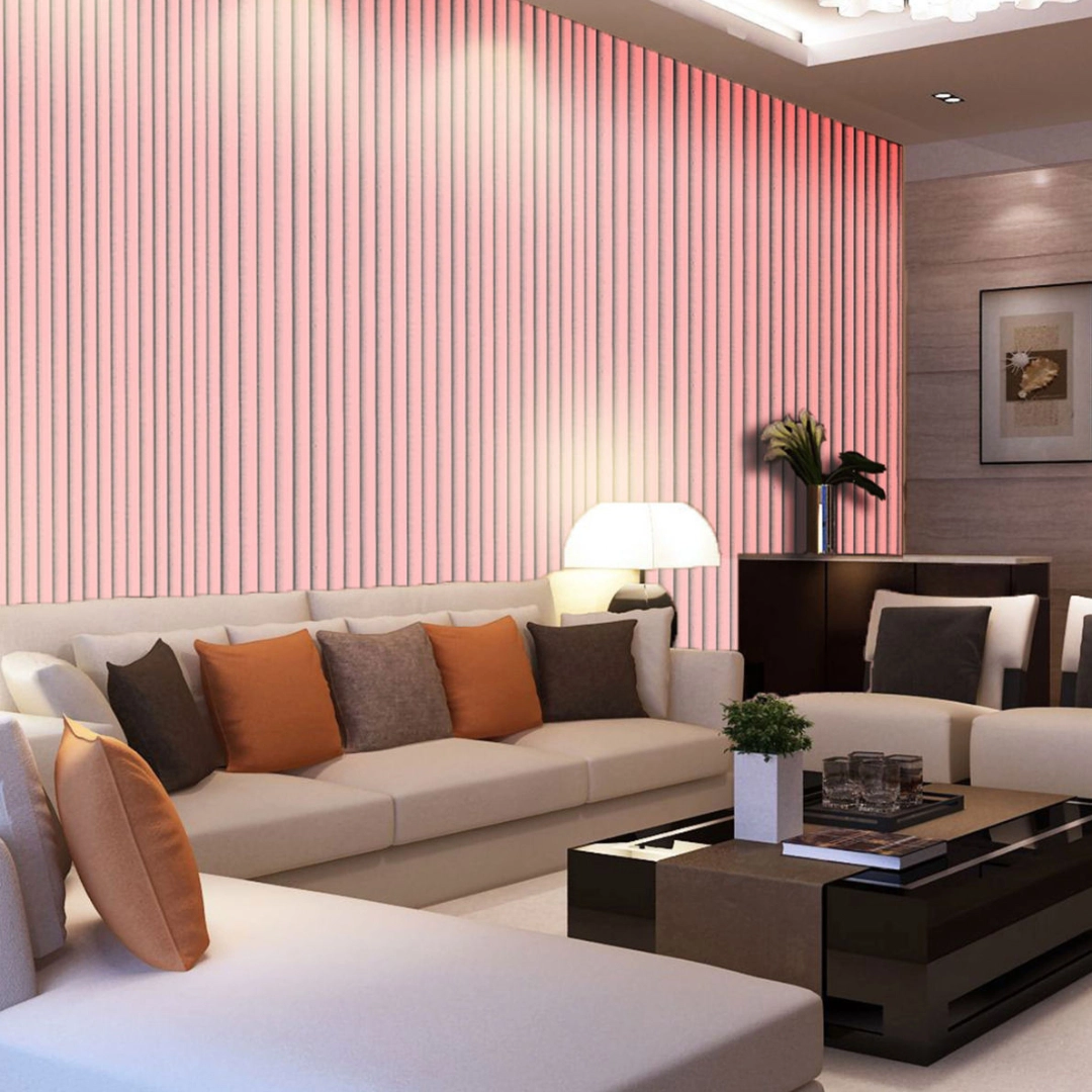 Pink Fluted MDF & HDF panel featured in a stylish living room setting