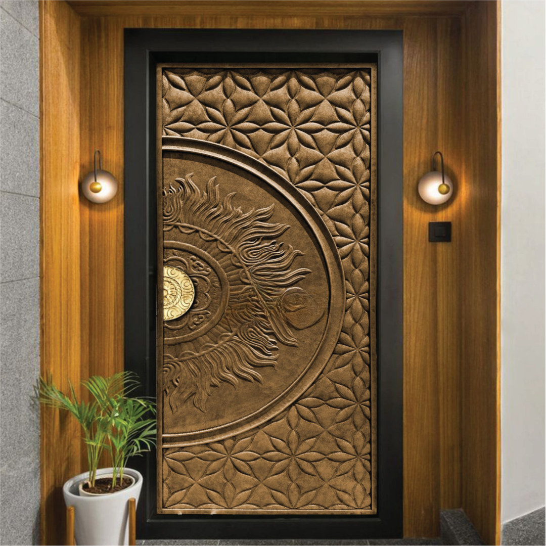 Luxurious bronze finish metallic door with a sunburst motif and intricate floral patterns, perfect for grand entrances.