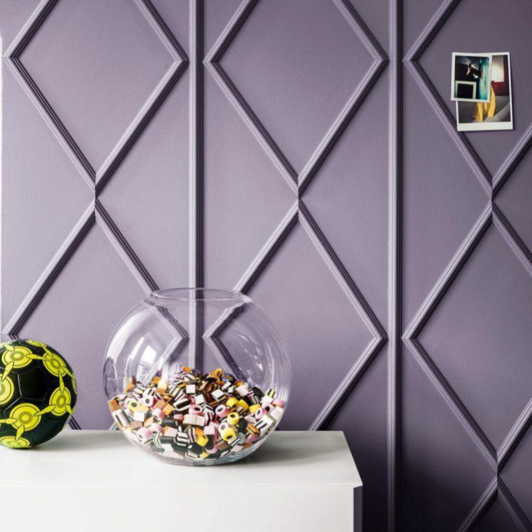 Purple geometric design WPC wall moulding, ideal for adding modern elegance to any interior space.