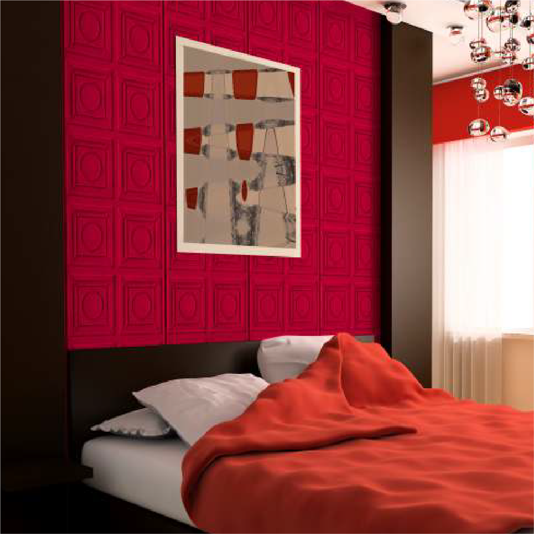 Red-colored 3D fabric backlit wall panel featuring a bold geometric square pattern, ideal for creating a vibrant and modern interior.