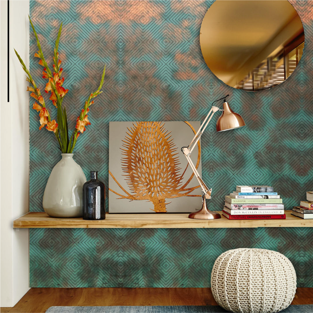 Teal Green Liquid Metal Wall Panel with Matte Finish and Bold Geometric Design, Perfect for Modern Interior Decor.