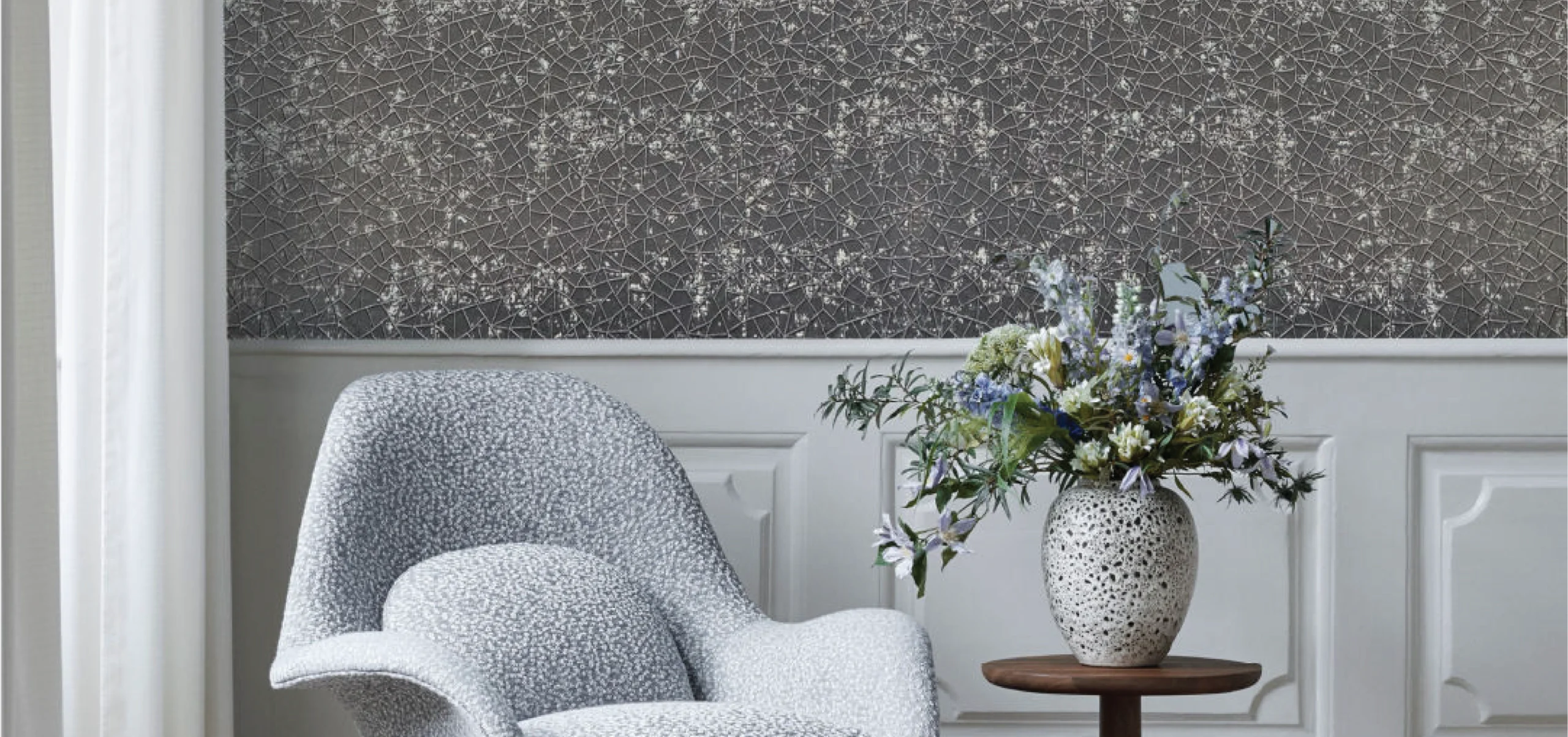 Grey Velvet Fabric Wall Panels with Web-Like Patterns – Adding Modern Texture and Style to Any Space.