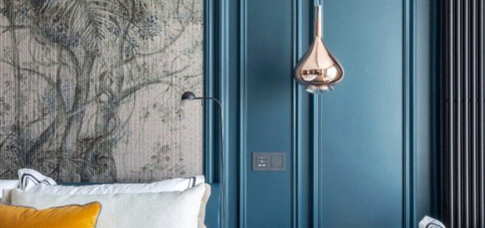 Teal WPC wall moulding enhancing the elegance of a modern bedroom interior with a stylish and vibrant look.