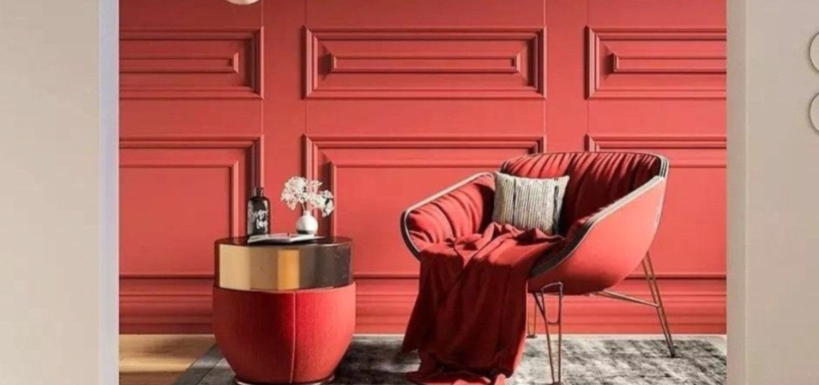 Striking red WPC wall moulding enhancing the elegance of a modern interior space with contemporary decor.