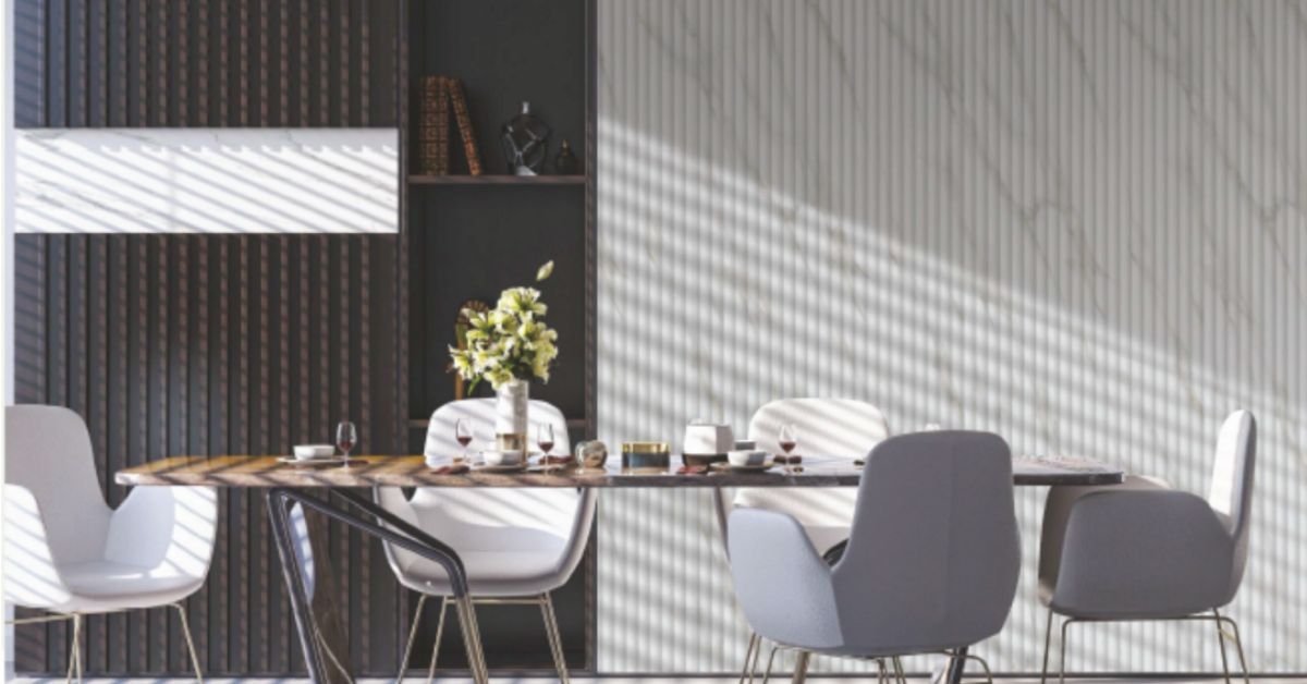 Black and white marble fluted acrylic panel in a contemporary dining area.