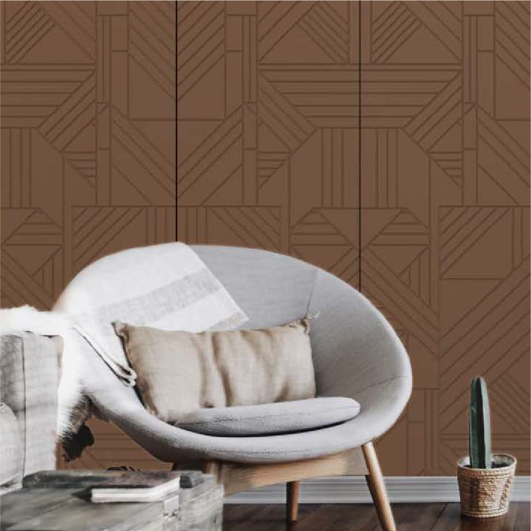 Caramel brown shade wall panels from the Rainbow Series with geometric patterns, adding warmth and texture to the room.