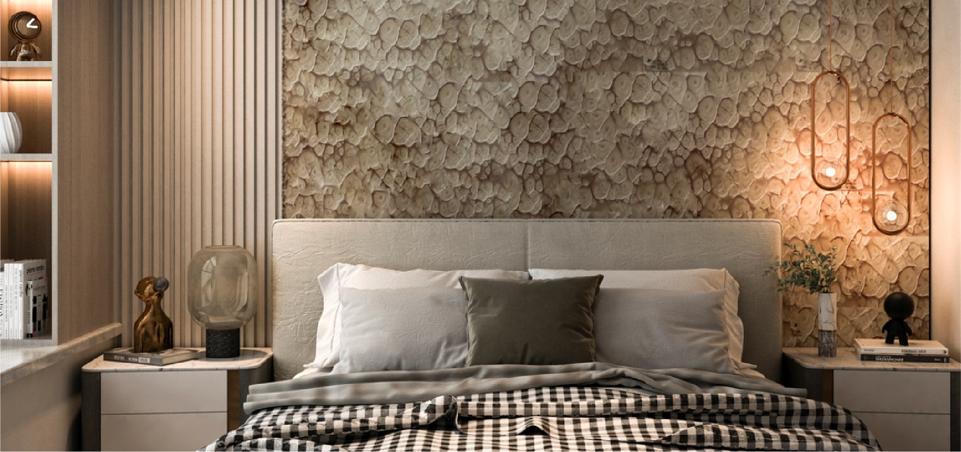 A serene bedroom features a light tan textured wall with floral patterns, complemented by simple, elegant bedding and warm ambient lighting.