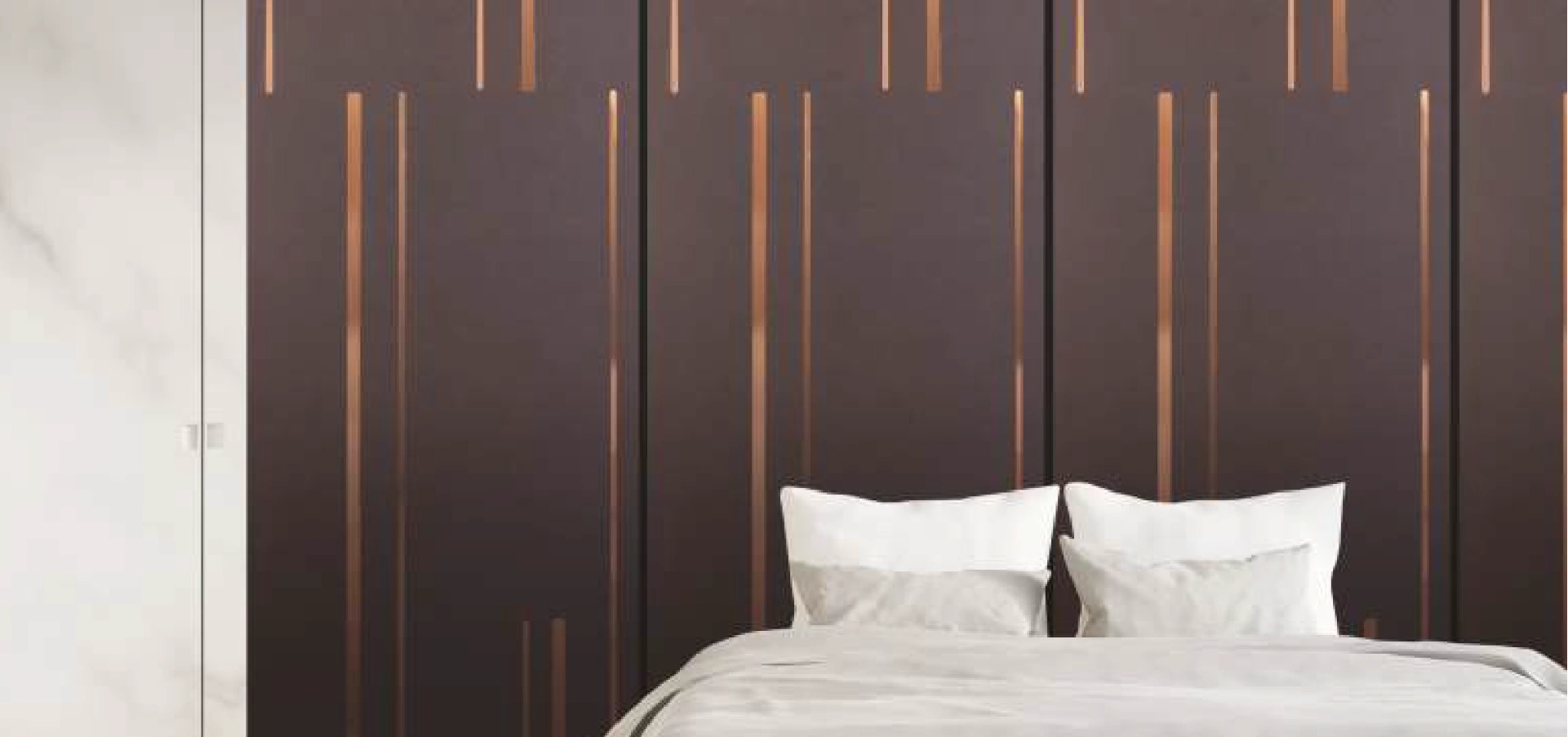 Dark brown-colored charcoal wall panel 8x2 with elegant copper accents, perfect for creating a modern and luxurious interior design.