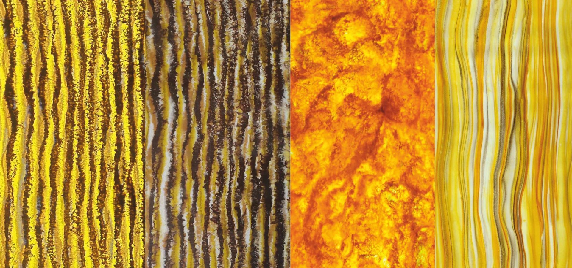 A collage showcasing four vibrant alabaster textures in shades of gold and yellow, featuring unique patterns and designs ideal for interior decoration.