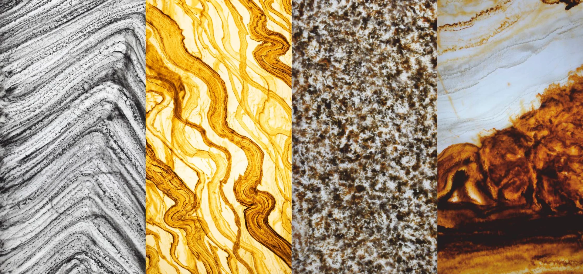 A collage of four distinct alabaster textures showcasing black, golden, speckled brown, and earthy marble-like patterns, ideal for interior design applications.